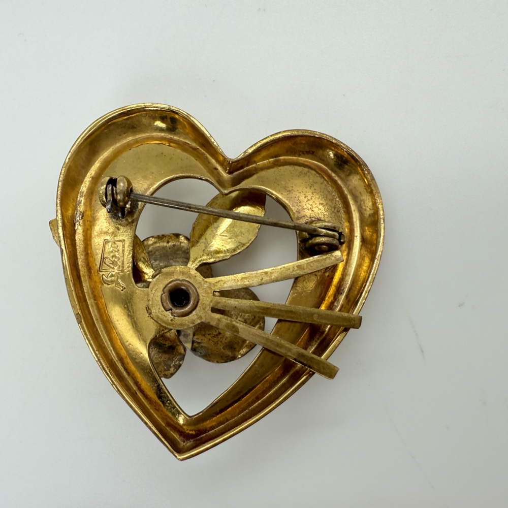 Vintage Signed Coro Gold Tone Heart Enamel Flower Rhinestone Pin Brooch Retro - Picture 5 of 10
